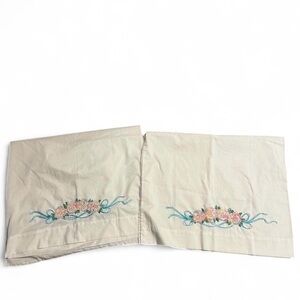 Embroidered Floral Pillowcases - Cream with Pink & Teal Accents